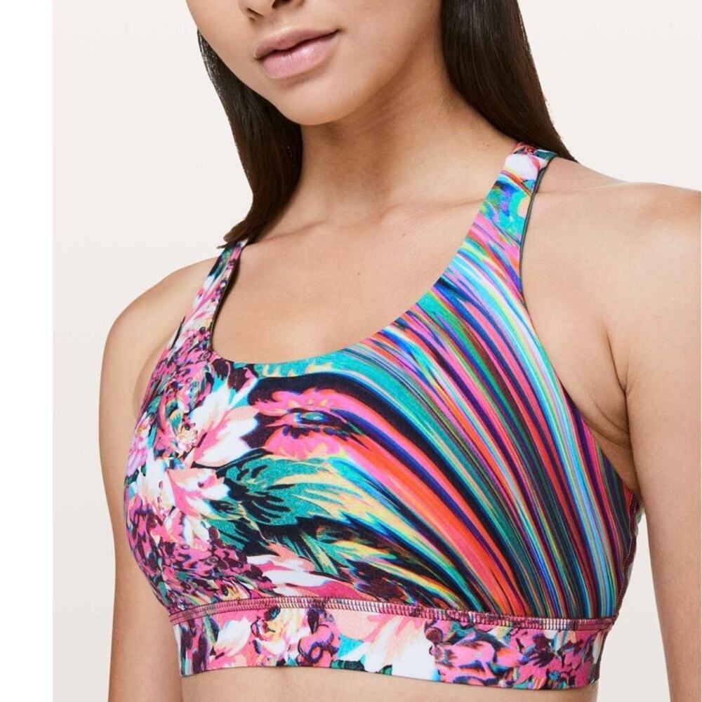 Lululemon Energy Bra Nulux Spectrum W2AXTS Pink Green Floral Stripe US 8 Sporty
